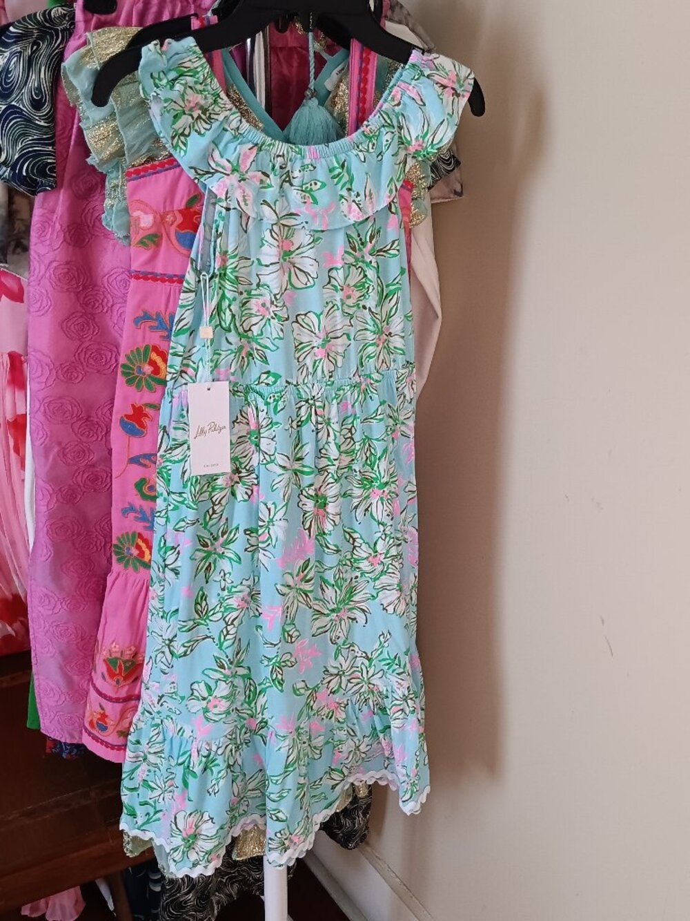 NWT Girls Lilly Pulitzer Blue Pink Green White Flower Garden Cotton Dress Sz 6-7